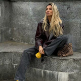 Solid Color Lapel Zipper Jacket Fashion Casual Long Sleeve Leather Coat Tops Women Clothing Conceitastral