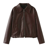 Solid Color Lapel Zipper Jacket Fashion Casual Long Sleeve Leather Coat Tops Women Clothing Conceitastral