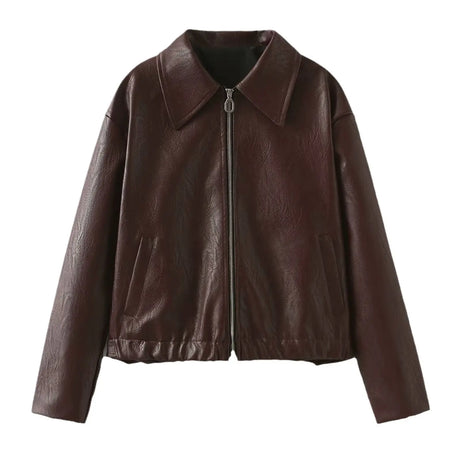Solid Color Lapel Zipper Jacket Fashion Casual Long Sleeve Leather Coat Tops Women Clothing Conceitastral