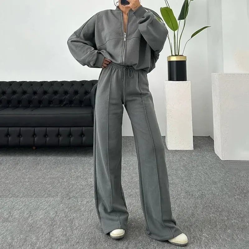 Solid Color Loose Zip Sweater Casual Trousers Suit Conceitastral