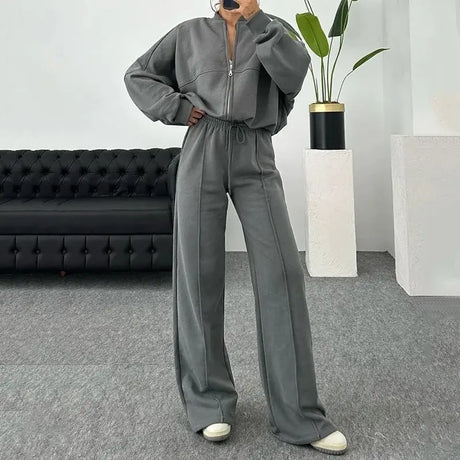Solid Color Loose Zip Sweater Casual Trousers Suit Conceitastral