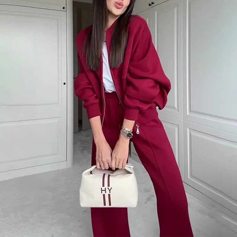 Solid Color Loose Zip Sweater Casual Trousers Suit Conceitastral