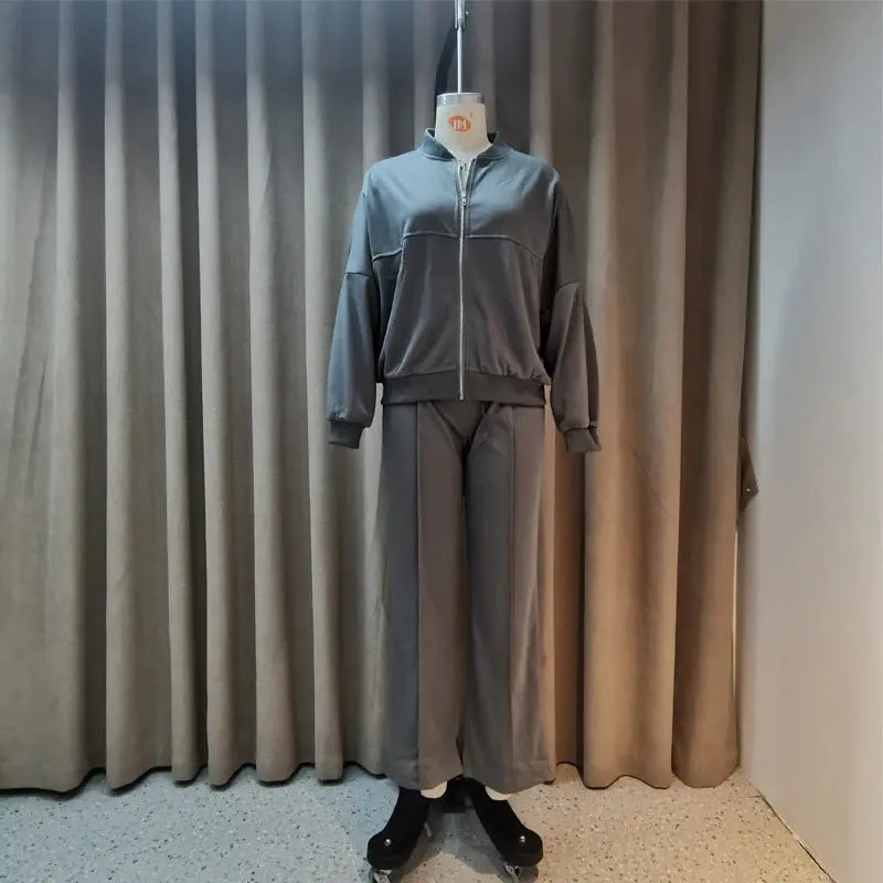 Solid Color Loose Zip Sweater Casual Trousers Suit Conceitastral
