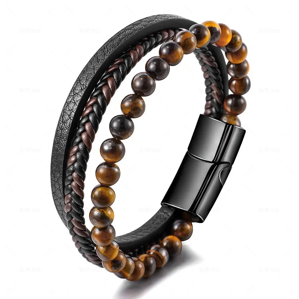Stainless Steel Natural Tiger Eye Stone Bracelet With Beads For Men Conceitastral