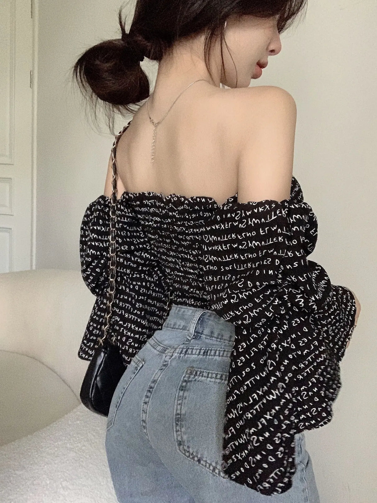 Temperament Word Neck Top Puff Sleeves All Match Conceitastral