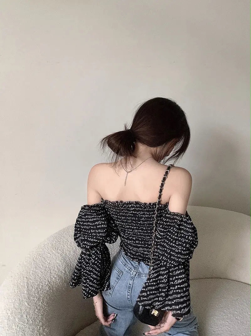 Temperament Word Neck Top Puff Sleeves All Match Conceitastral