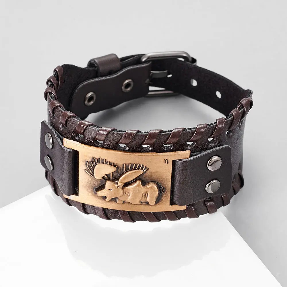 Toten Design Nordic Viking Odin Bracelet Genuine Leather Wolf Head Bracelet For Men Animal Bracelet Conceitastral