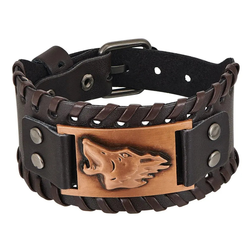 Toten Design Nordic Viking Odin Bracelet Genuine Leather Wolf Head Bracelet For Men Animal Bracelet Conceitastral