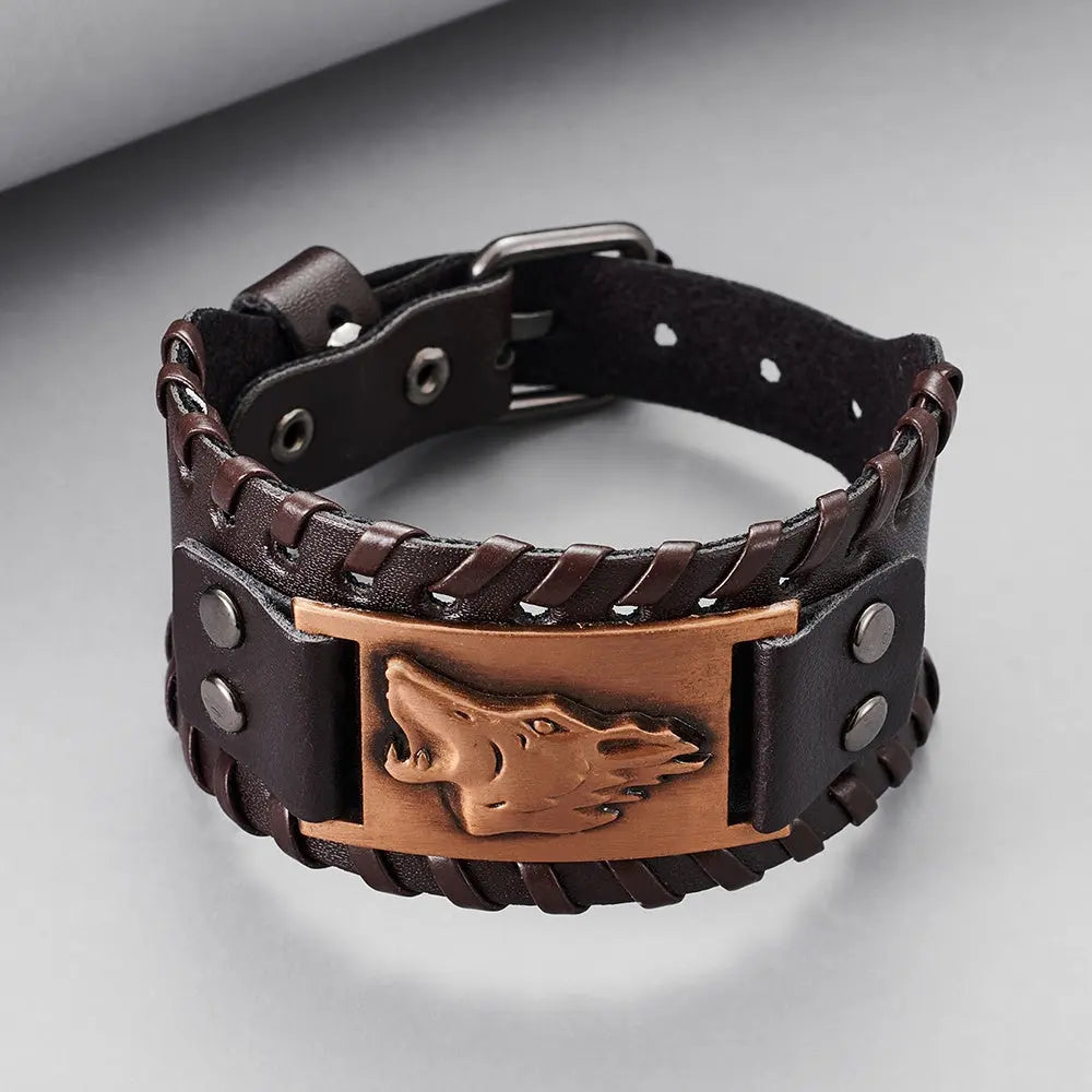 Toten Design Nordic Viking Odin Bracelet Genuine Leather Wolf Head Bracelet For Men Animal Bracelet Conceitastral