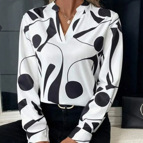 V-neck Long Sleeve Slimming Printed Stand Collar Shirt Conceitastral