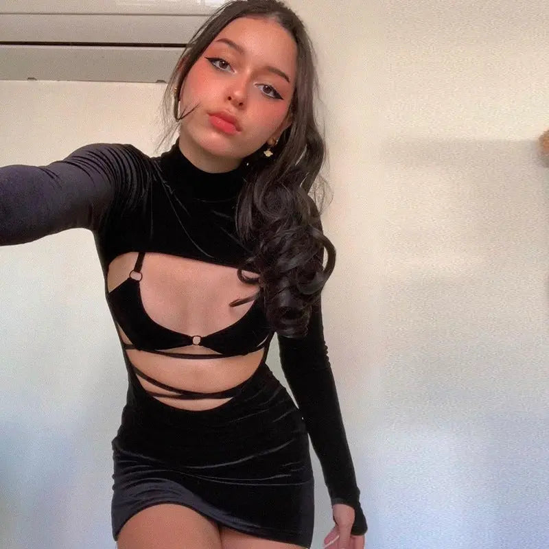 Velvet Solid Color Lace-up Hollow Sexy Short Hip Dress Conceitastral