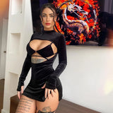 Velvet Solid Color Lace-up Hollow Sexy Short Hip Dress Conceitastral