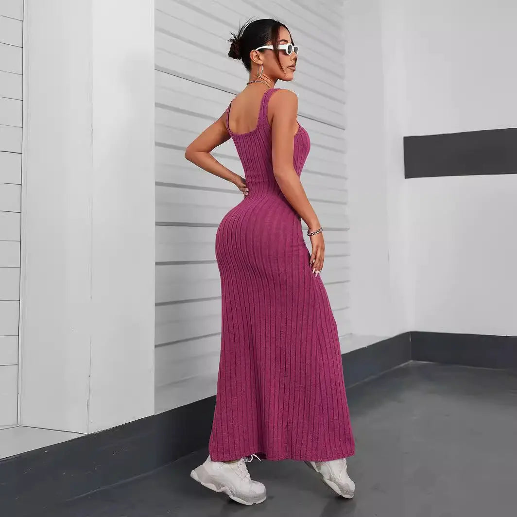 Vestido feminino elegante de cor sólida e sem mangas Conceitastral