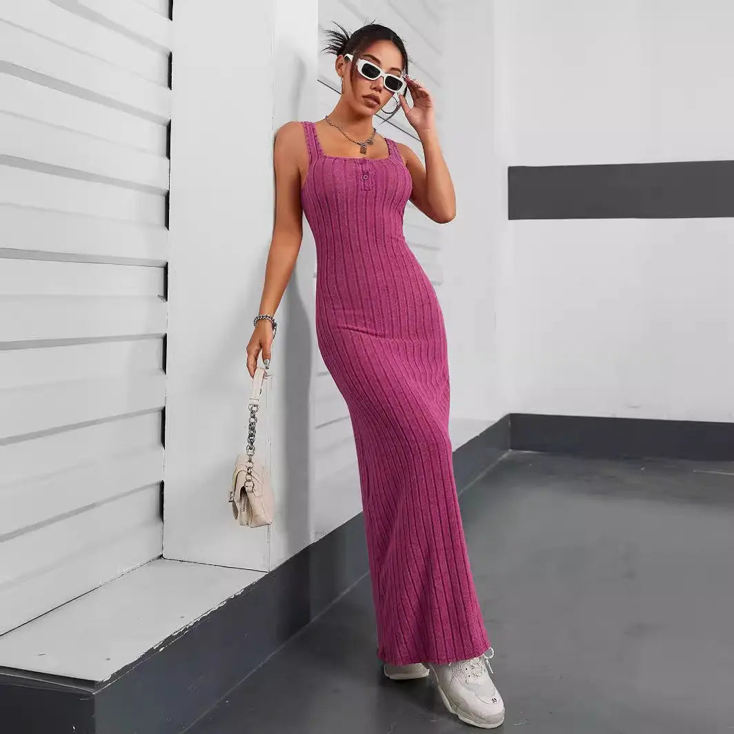 Vestido feminino elegante de cor sólida e sem mangas Conceitastral