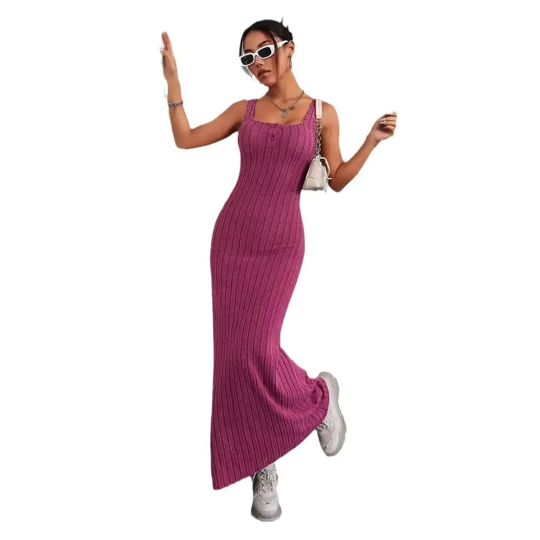 Vestido feminino elegante de cor sólida e sem mangas Conceitastral