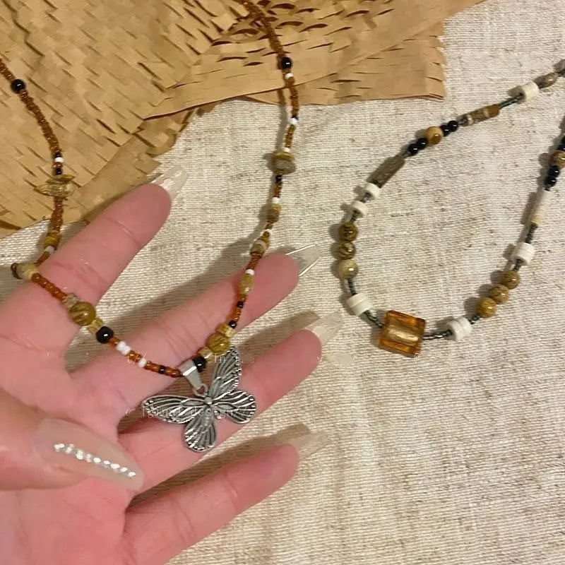 Vintage Beaded Butterfly Necklace For Women Conceitastral