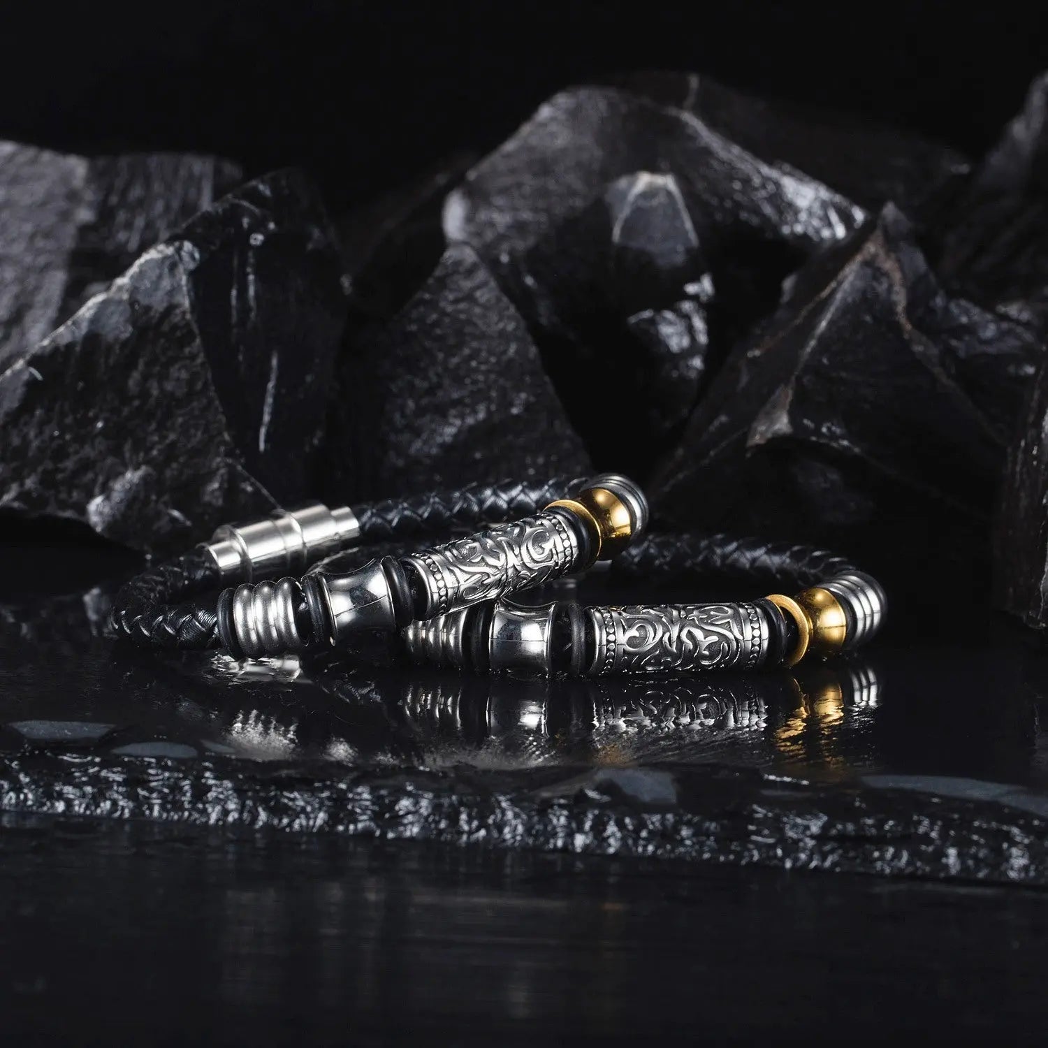 Vintage Braided Leather Stainless Steel Bracelet For Men Conceitastral