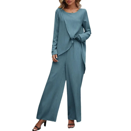 Women's Fashion Long Sleeve Irregular Hem Top Elastic Waist Wide Leg Trousers Two-piece Set Conceitastral