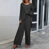 Women's Fashion Long Sleeve Irregular Hem Top Elastic Waist Wide Leg Trousers Two-piece Set Conceitastral