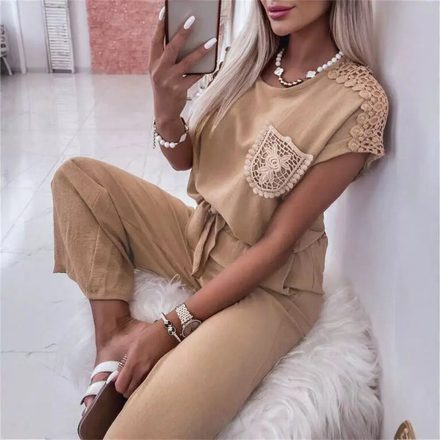Women's New Lace Stitching Coat Wide Leg Pants Casual Suit Conceitastral