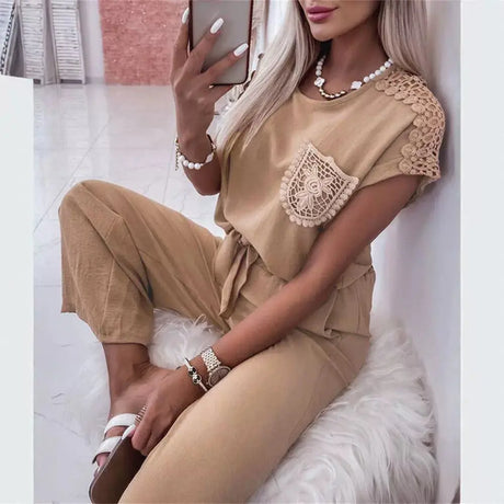 Women's New Lace Stitching Coat Wide Leg Pants Casual Suit Conceitastral