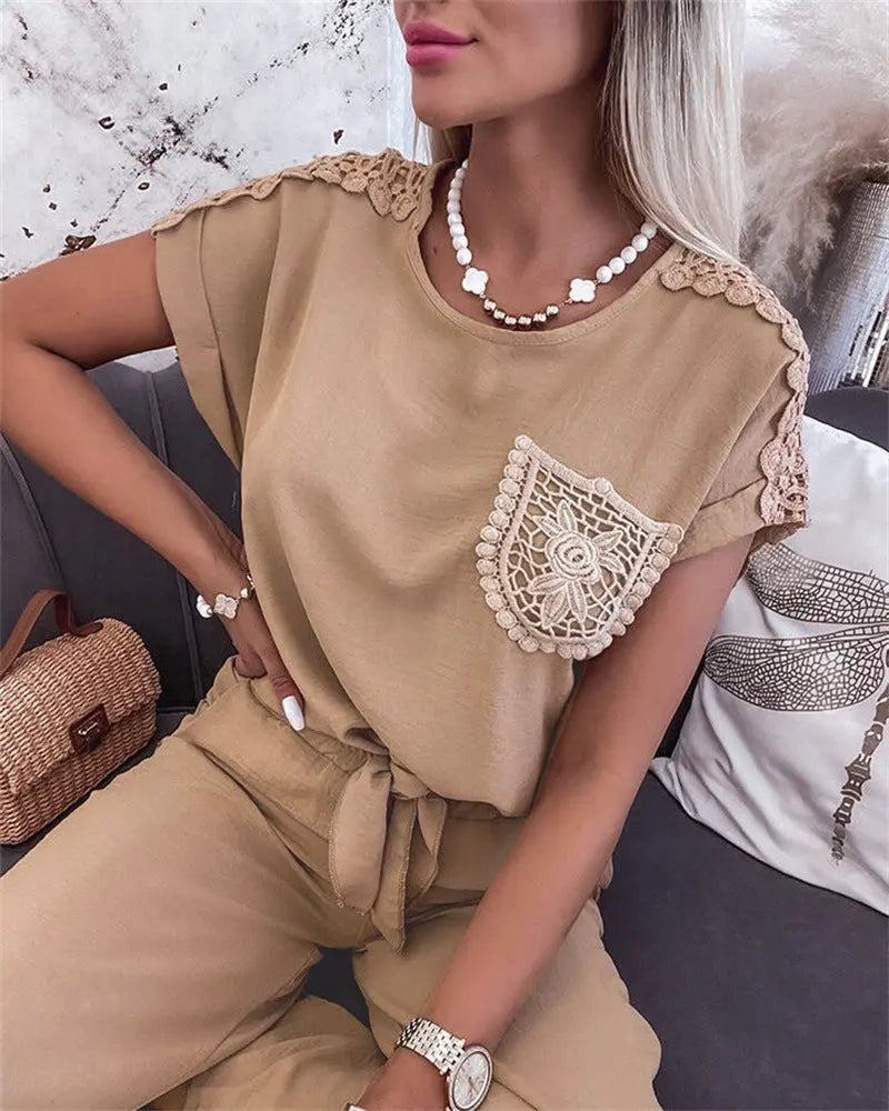 Women's New Lace Stitching Coat Wide Leg Pants Casual Suit Conceitastral