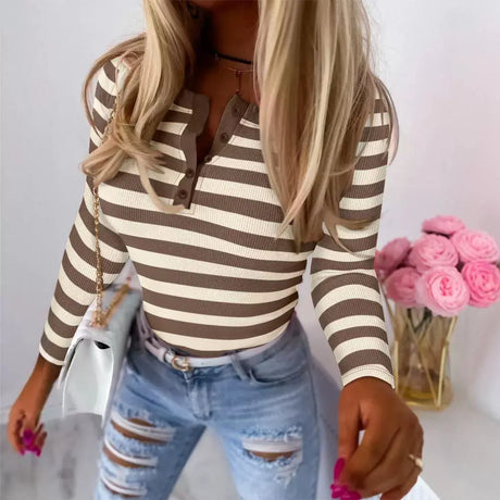 Women's New Sunken Stripe Contrast Color Long Sleeves Striped Top Conceitastral