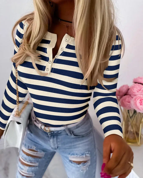 Women's New Sunken Stripe Contrast Color Long Sleeves Striped Top Conceitastral