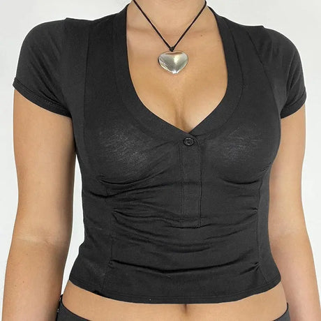 Women's Temperament Pure Color V-neck Short-sleeved Hot Girl Top Conceitastral